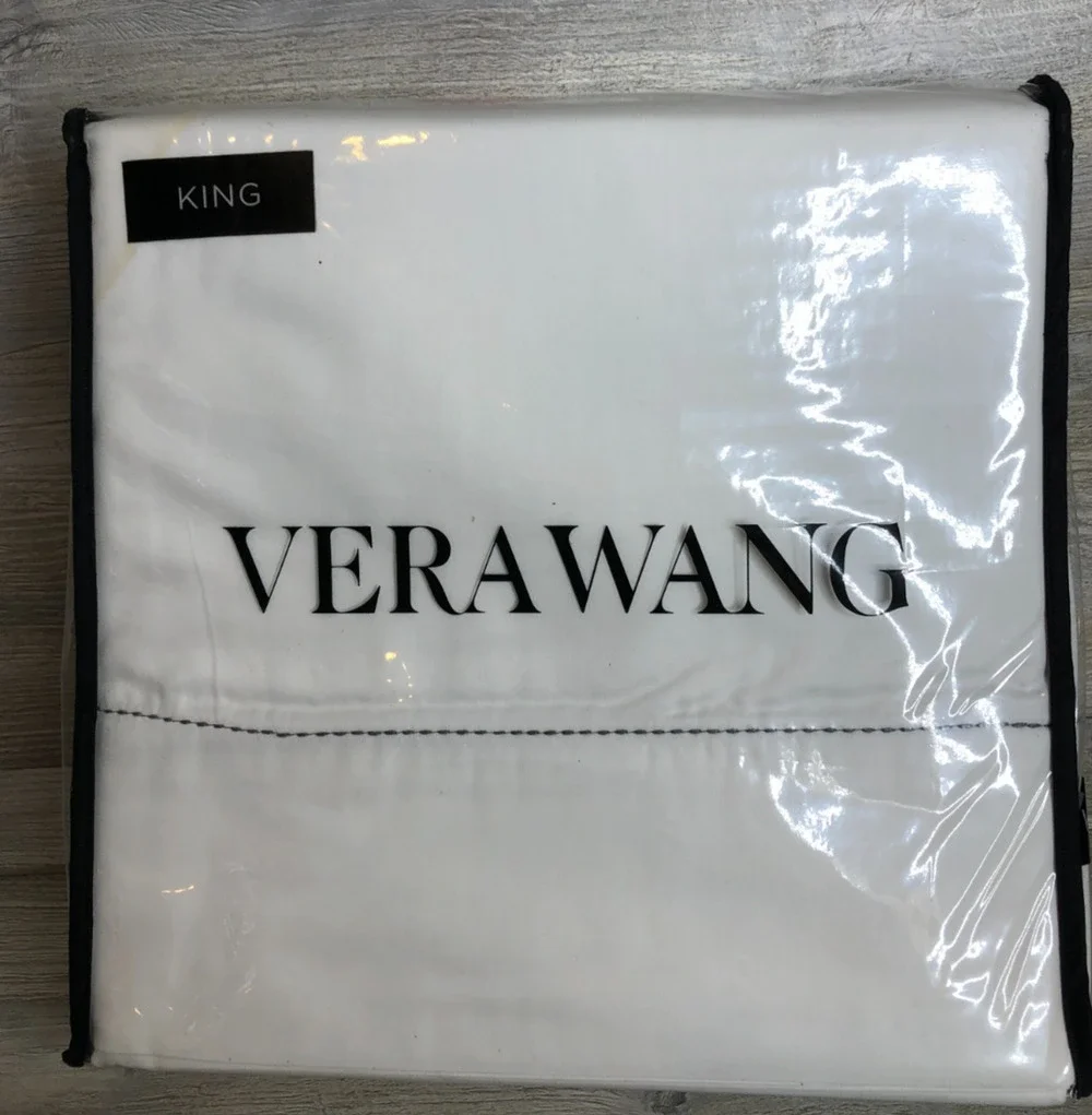 Vera Wang KING 300TC Sheet Set Cotton Luxury Satin Weave Embroidered White